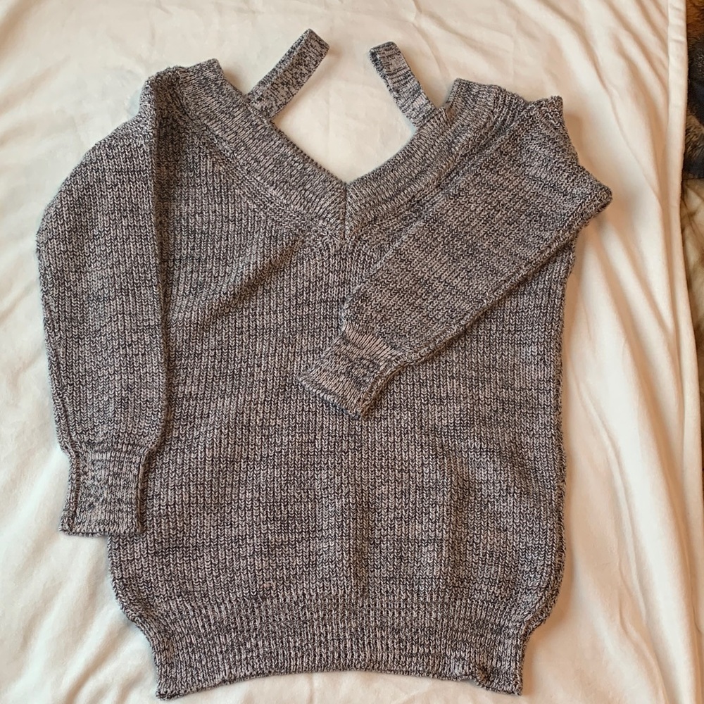 Women's Dex Gray V-Neck Knit Sweater with Shoulder Straps